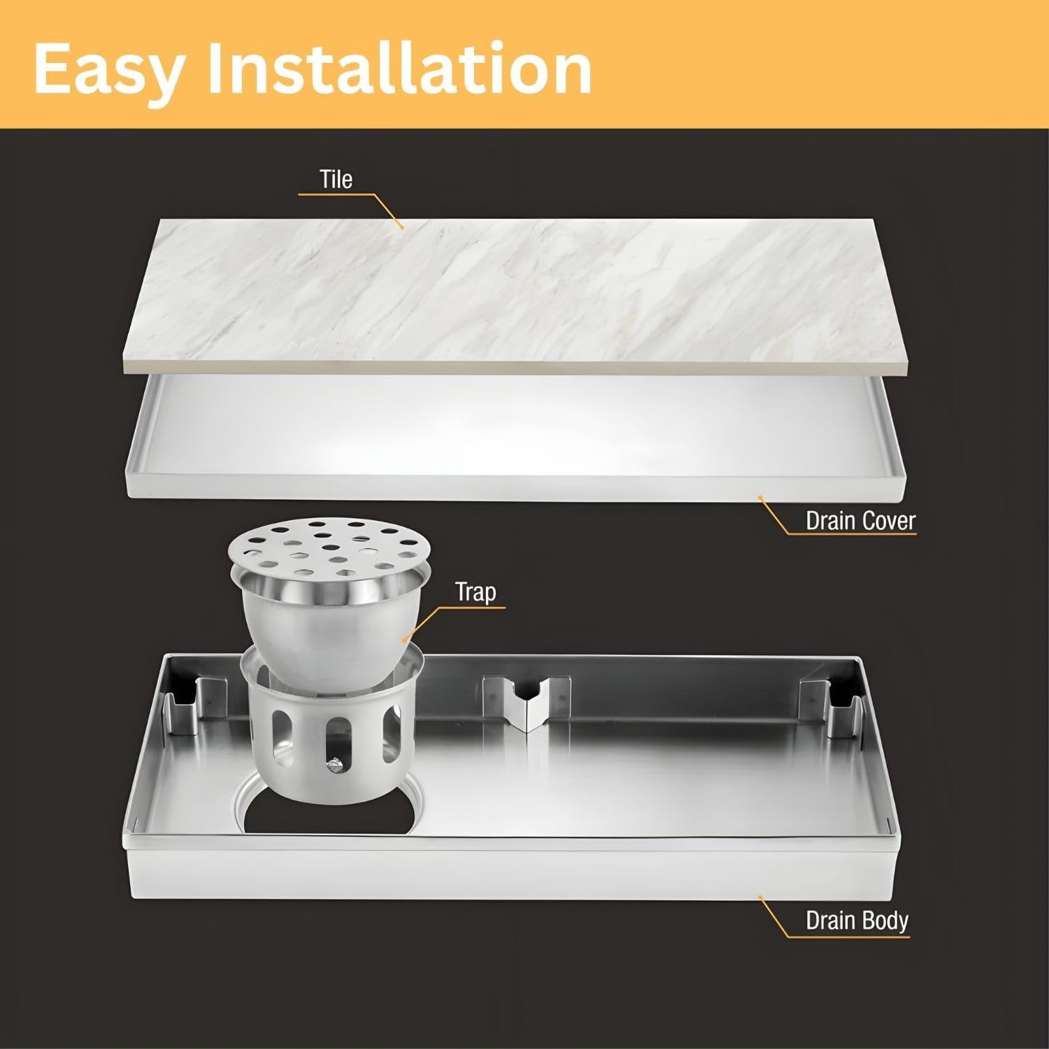 Marble Insert (304 Grade) Shower Drain Channel (12x4 Inches)