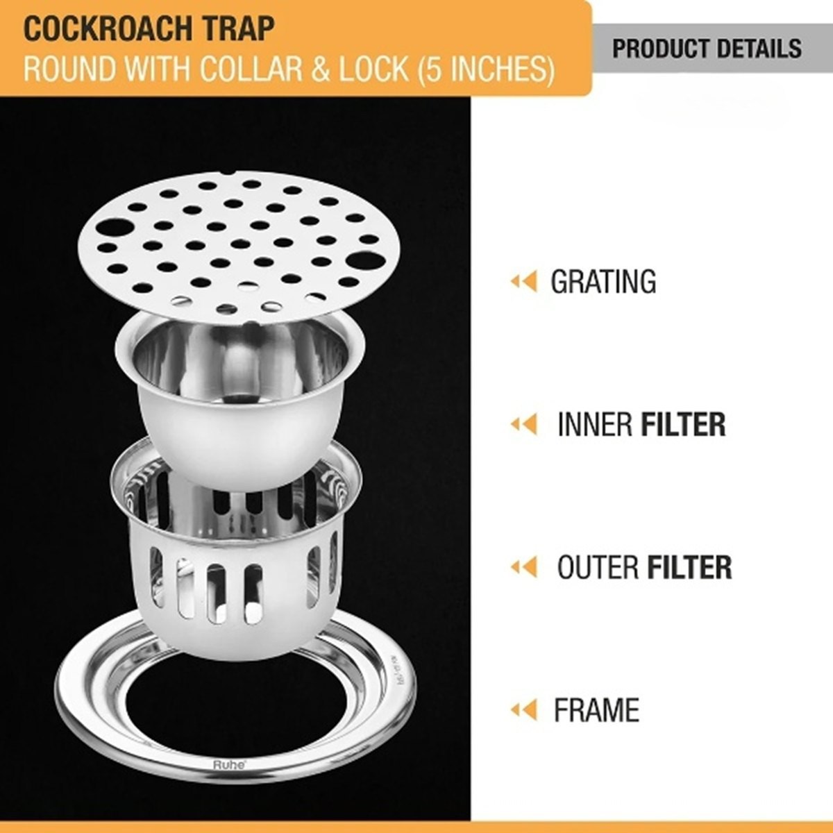 Round Floor Drain With Collar, Lock & Cockroach Trap (5 Inches)