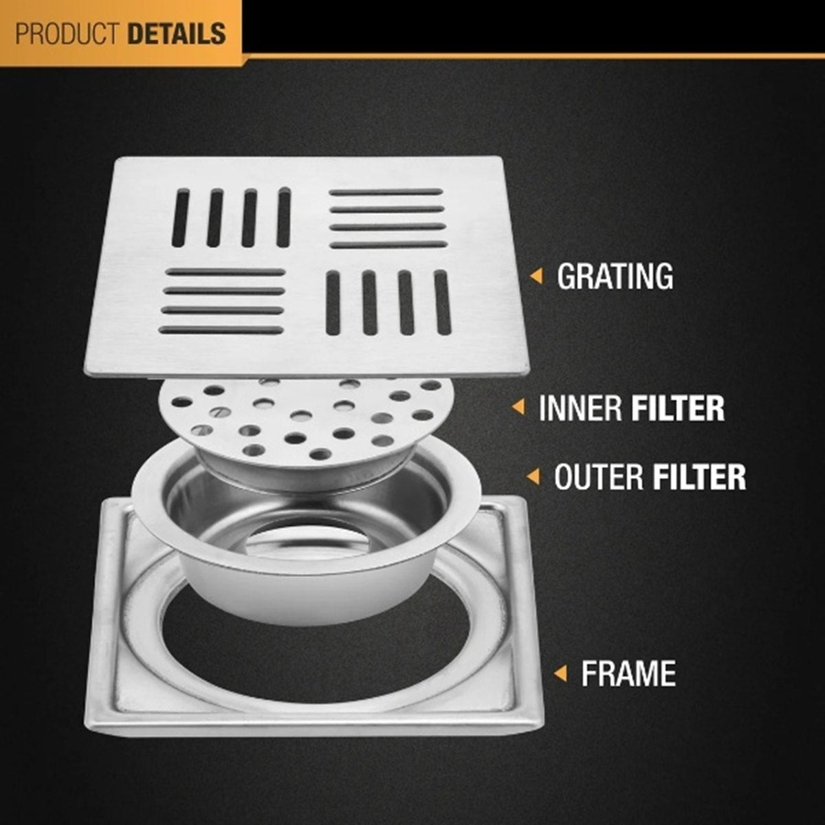 Stripes Square 304-Grade Floor Drain With Collar & Cockroach Trap (5x5 Inches)