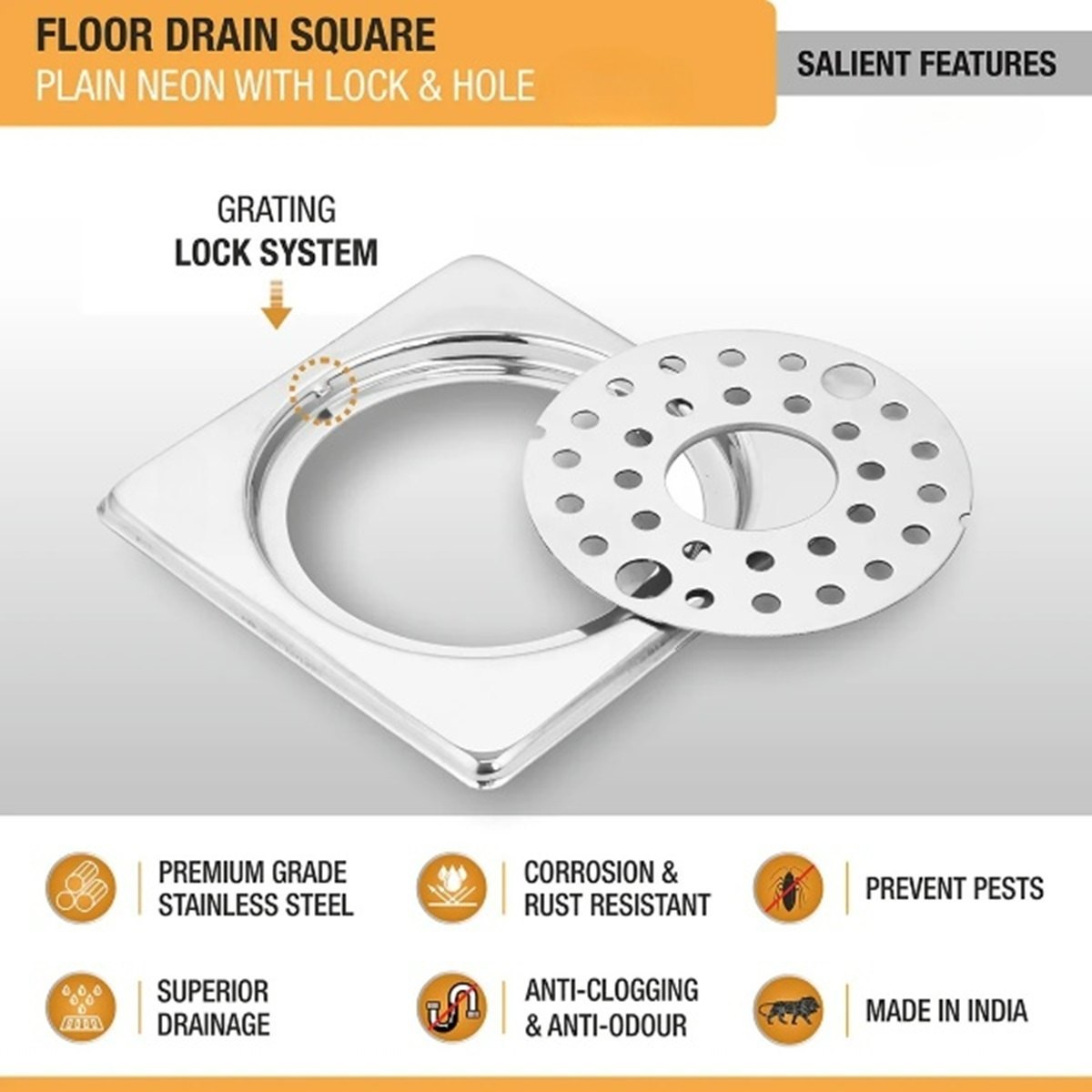 Square Floor Drain With Collar, Hole & Lock (5 Inches)