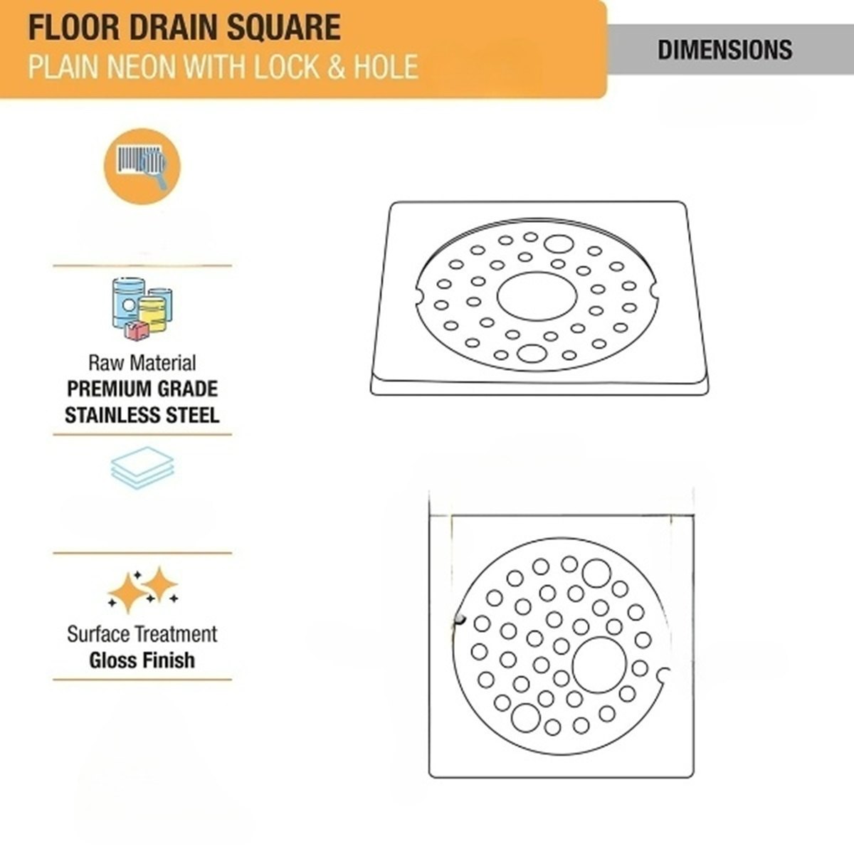 Square Floor Drain With Collar, Hole & Lock (5 Inches)