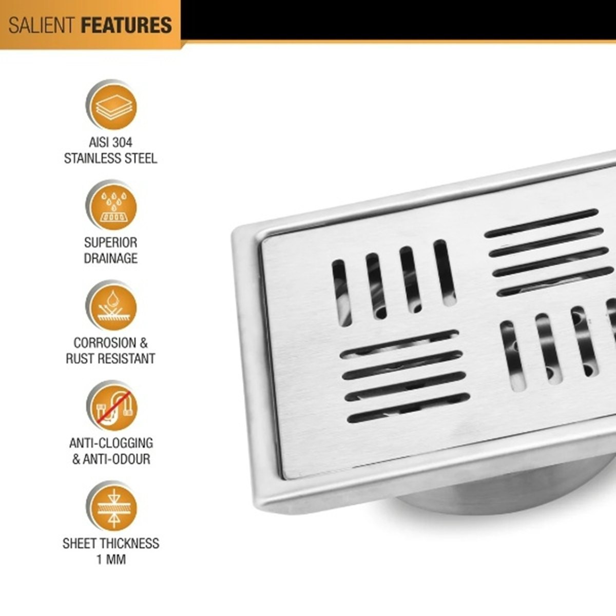 Stripes Square 304-Grade Floor Drain With Collar & Cockroach Trap (5x5 Inches)