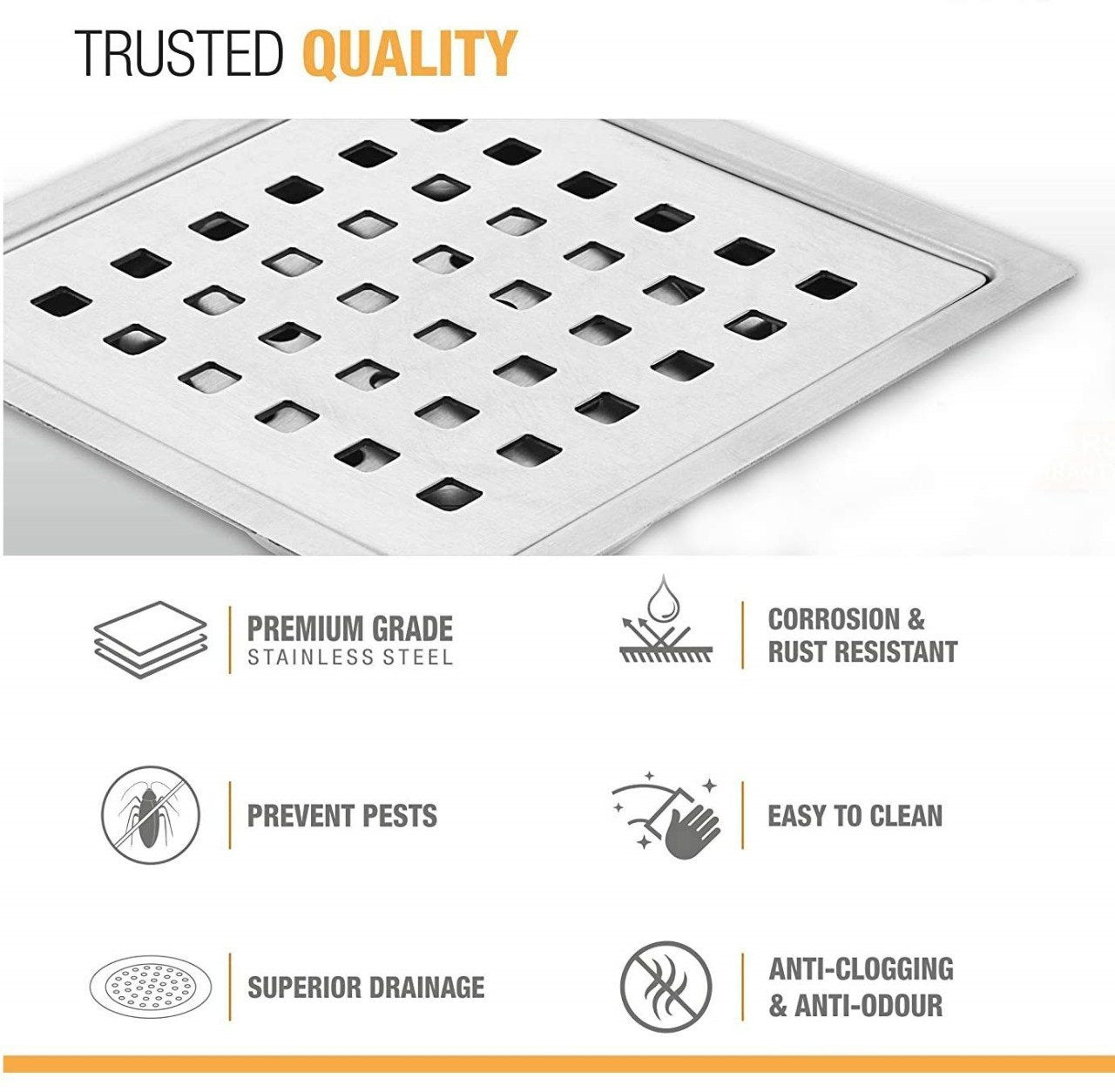 Pearl Square 304-Grade Floor Drain (5x5 Inches)