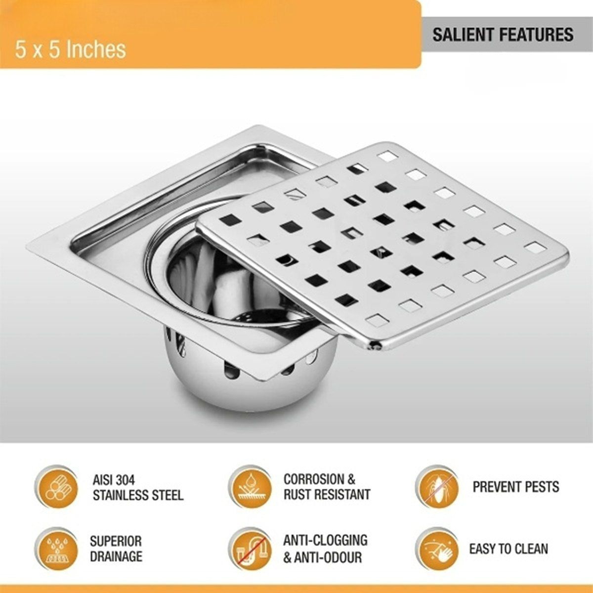 Pearl Square 304-Grade Floor Drain With Collar & Cockroach Trap (5x5 Inches)