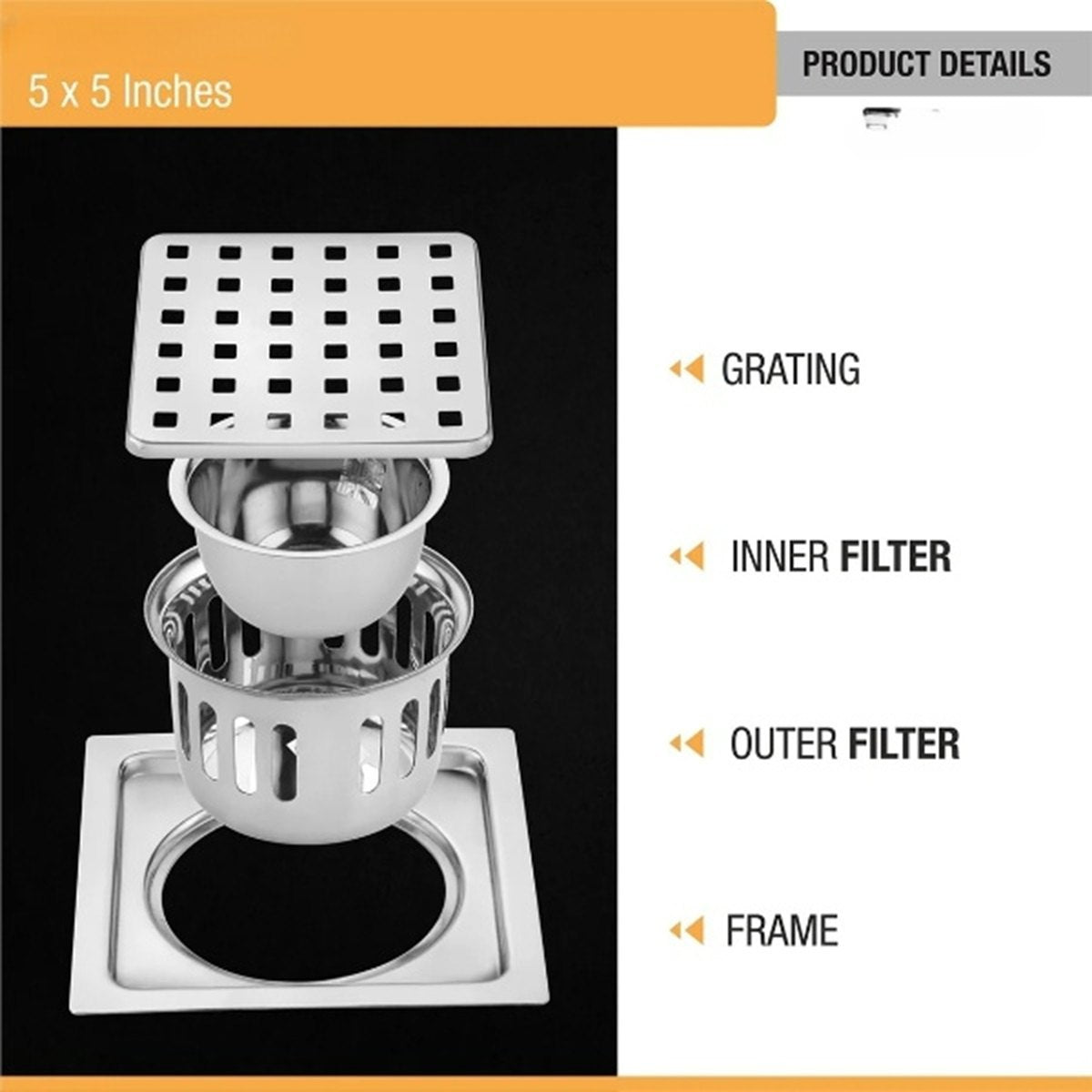 Pearl Square 304-Grade Floor Drain With Collar & Cockroach Trap (5x5 Inches)