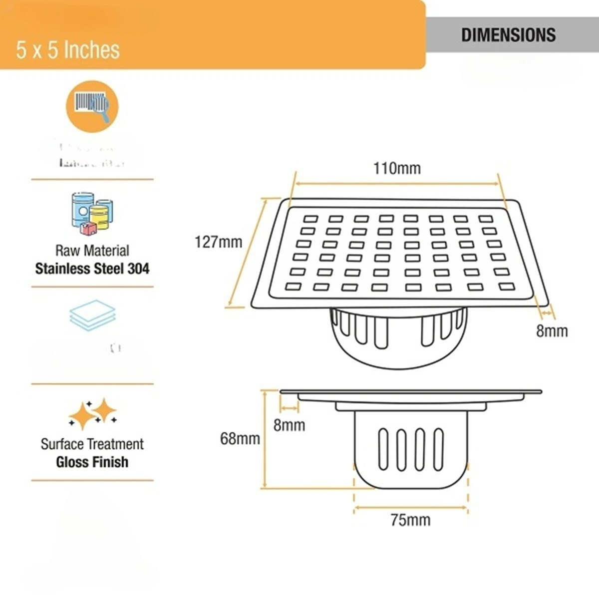 Pearl Square 304-Grade Floor Drain With Collar & Cockroach Trap (5x5 Inches)