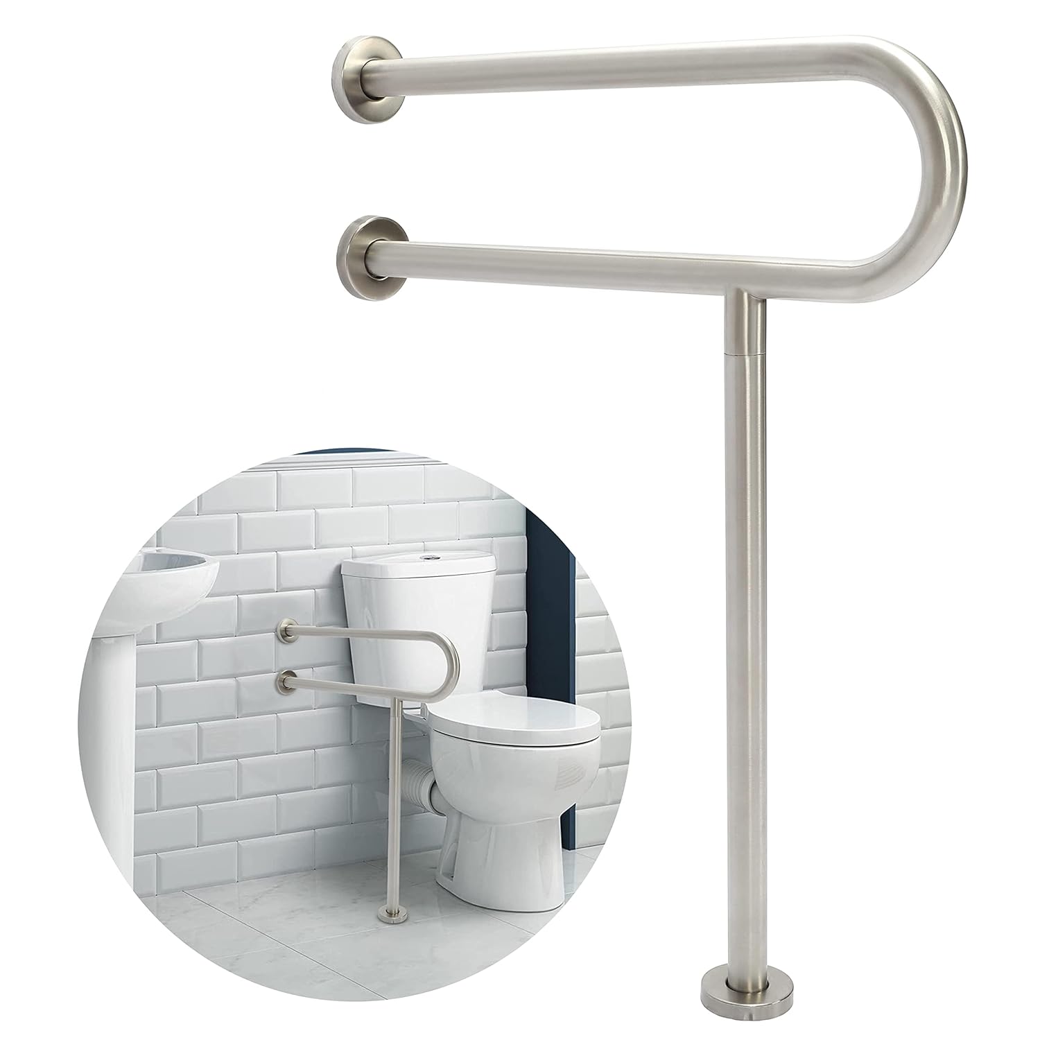 Handicap Foldable with Floor Support Stainless Steel Grab Bar