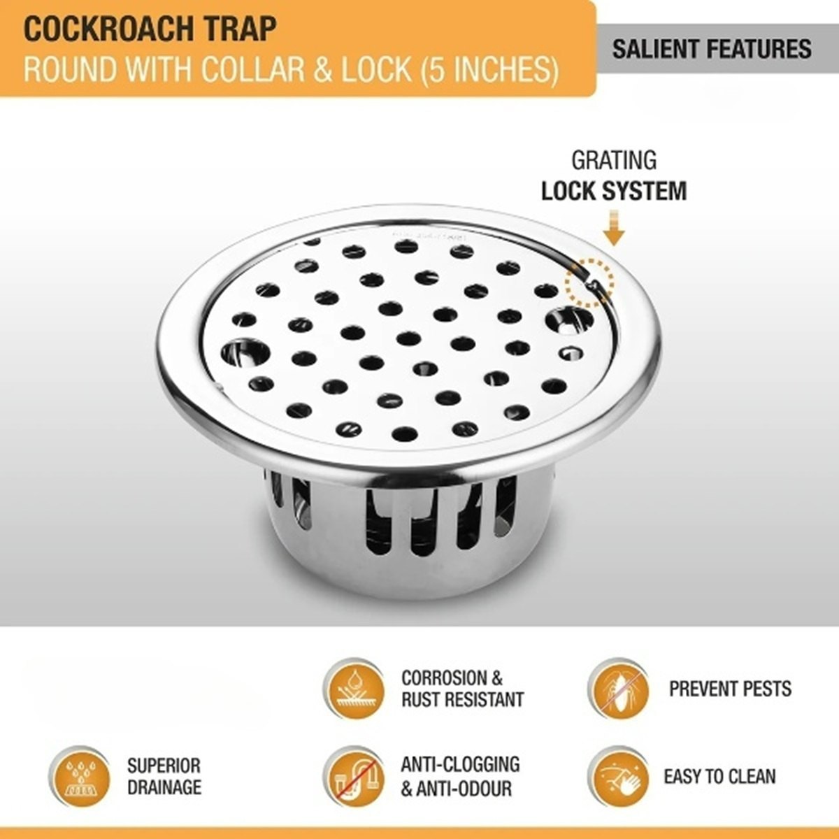 Round Floor Drain With Collar, Lock & Cockroach Trap (5 Inches)