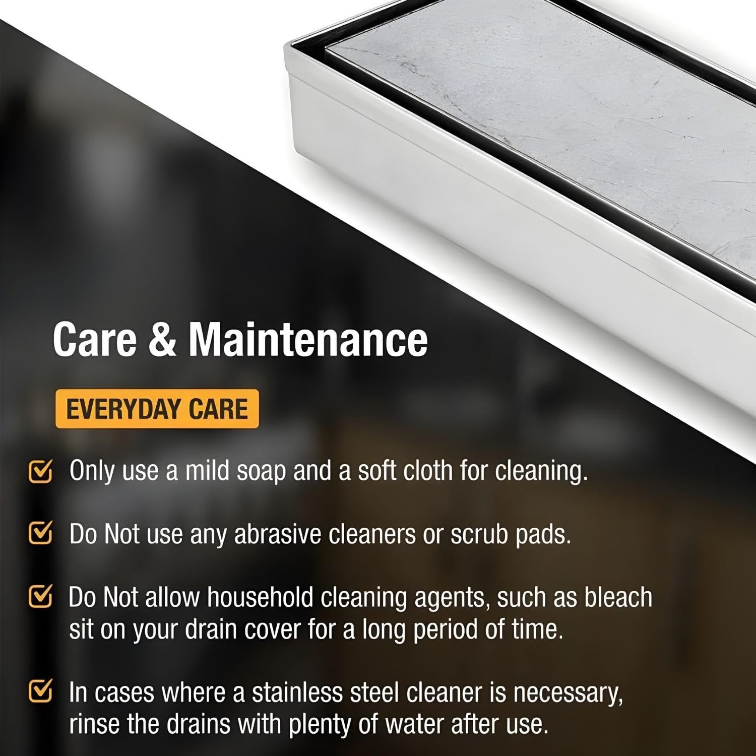 Marble Insert (304 Grade) Shower Drain Channel (12x4 Inches)