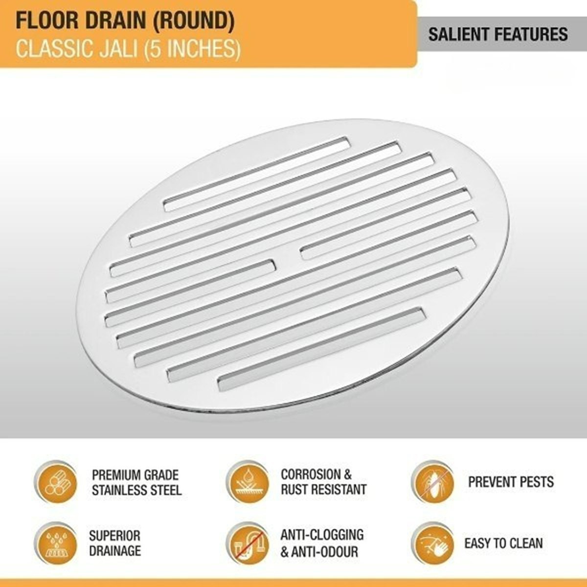 Classic Round Stainless Steel Floor Drain (5 Inches)