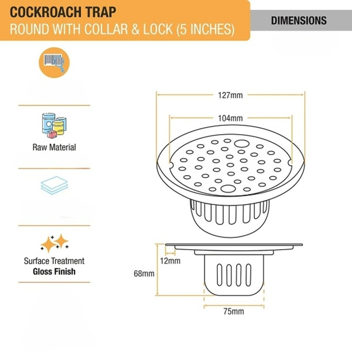 Round Floor Drain With Collar, Lock & Cockroach Trap (5 Inches)