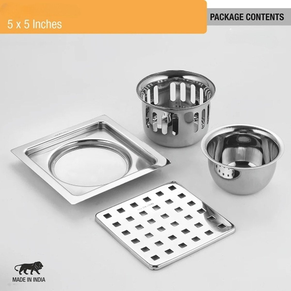 Pearl Square 304-Grade Floor Drain With Collar & Cockroach Trap (5x5 Inches)