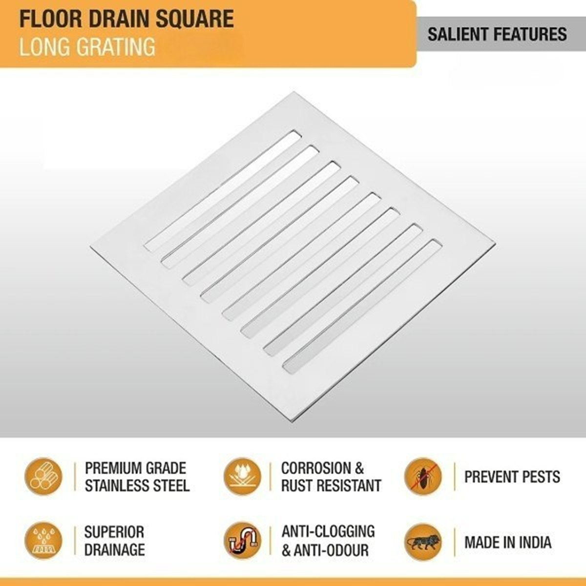 Long Grating Plain Floor Drain (5x5 Inches)