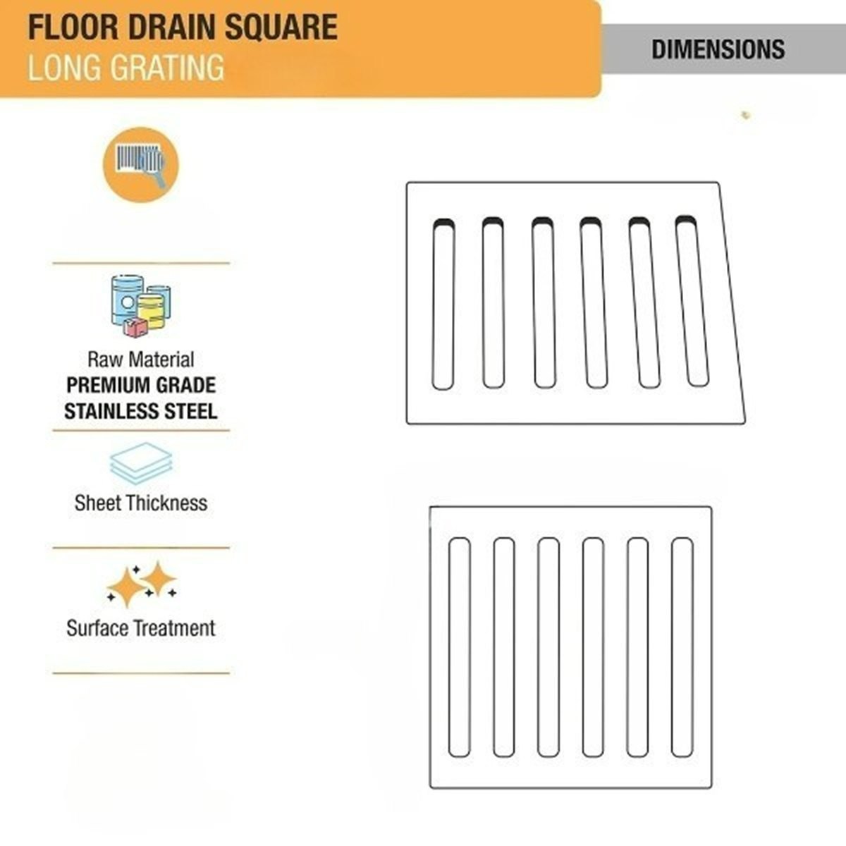 Long Grating Plain Floor Drain (5x5 Inches)